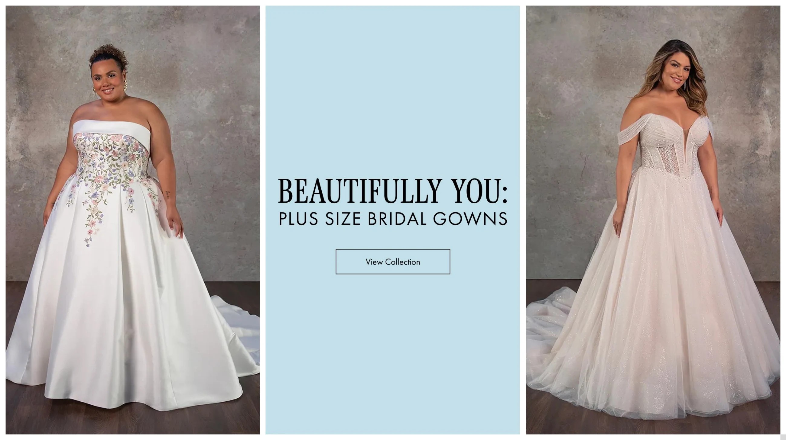2 curvy models wearing a plus size bridal gowns, desktop banner