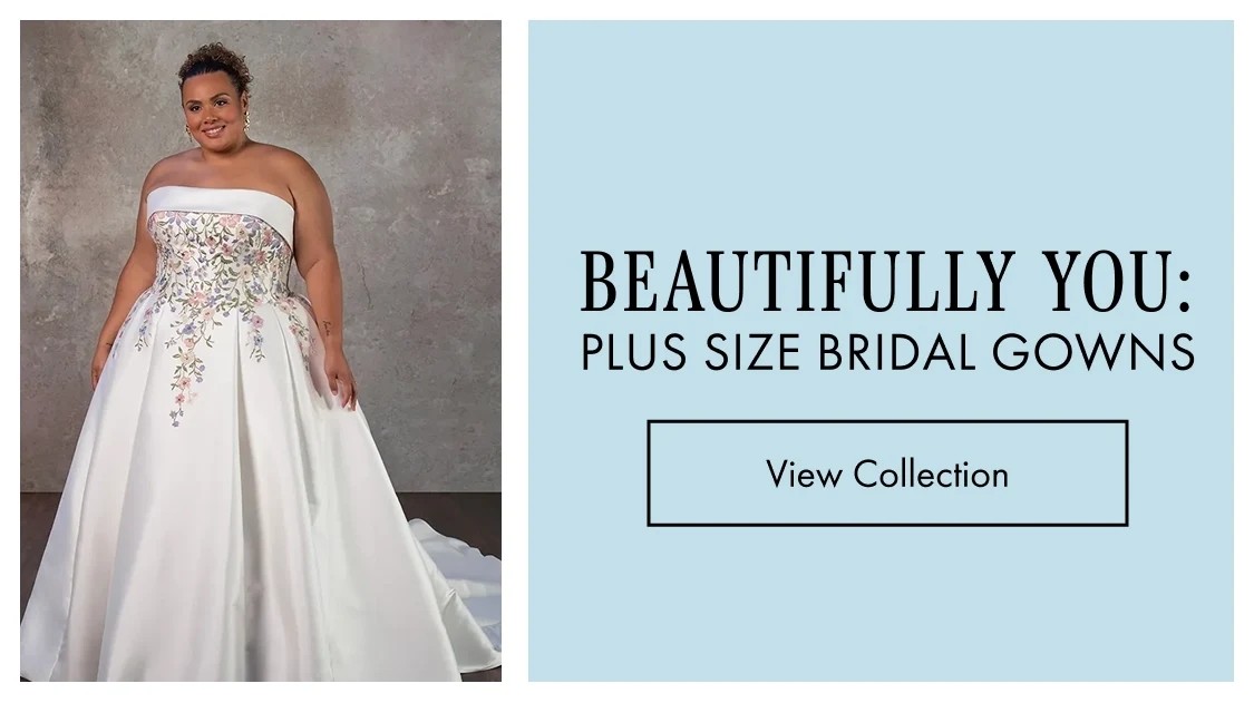 2 curvy models wearing a plus size bridal gowns, mobile banner