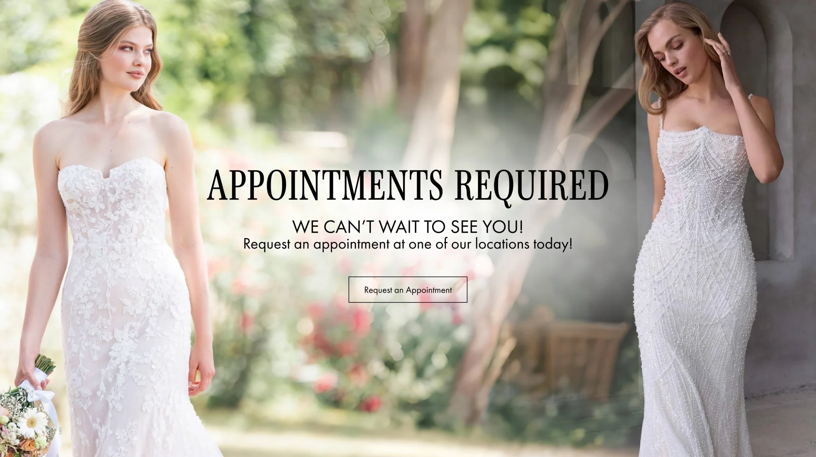 2 Models wearing Morilee Galatea and Romance by Allure R3802 bridal gowns, desktop banner