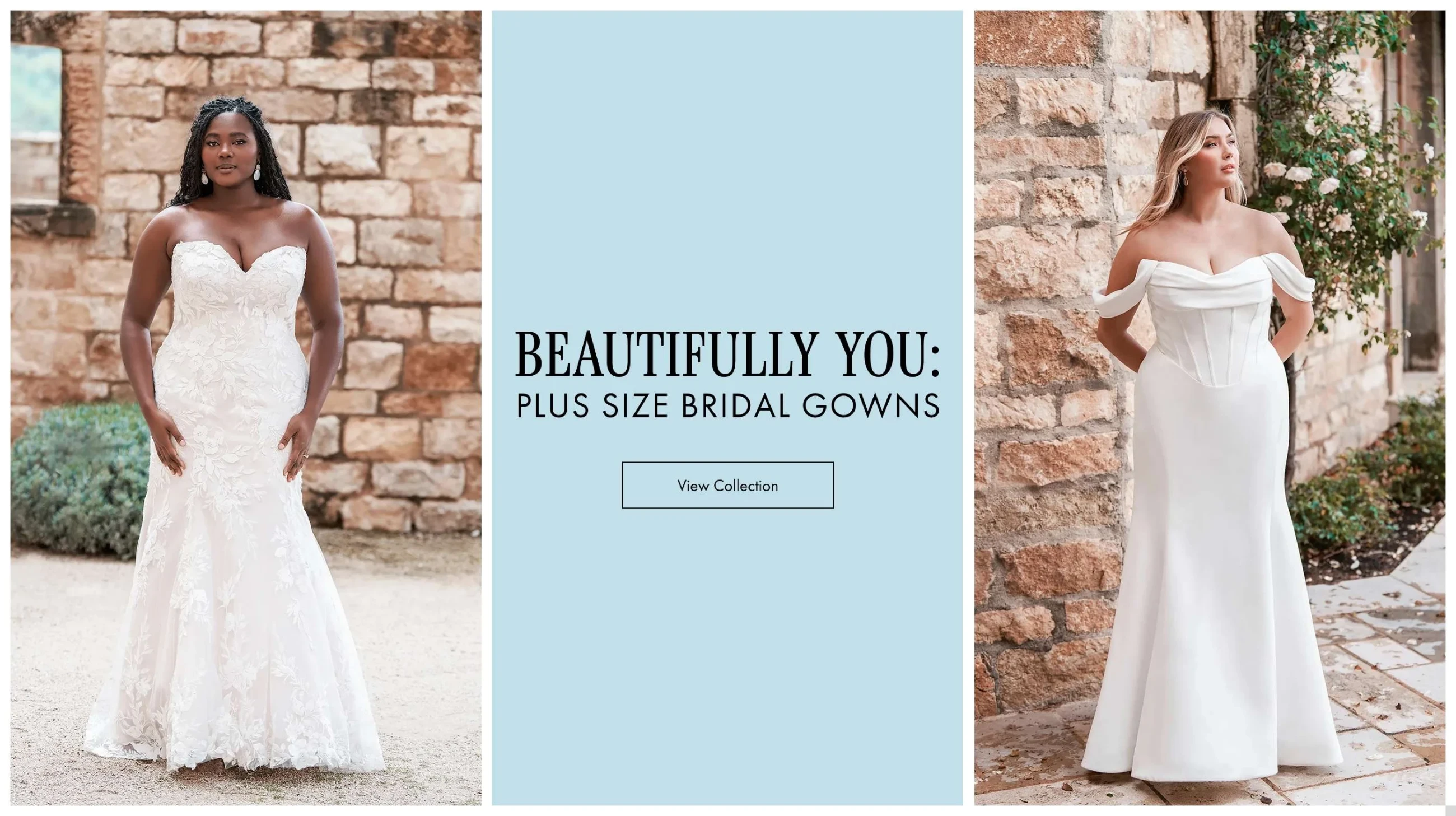 2 models wearing Allure Women's bridal gowns wearing w500 and w509 plus size bridal gowns, desktop banner