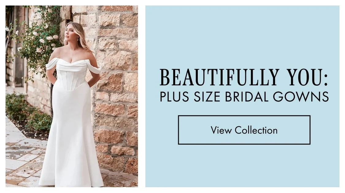 Model wearing Allure bridal gown wearing w500 plus size bridal gown, mobile banner