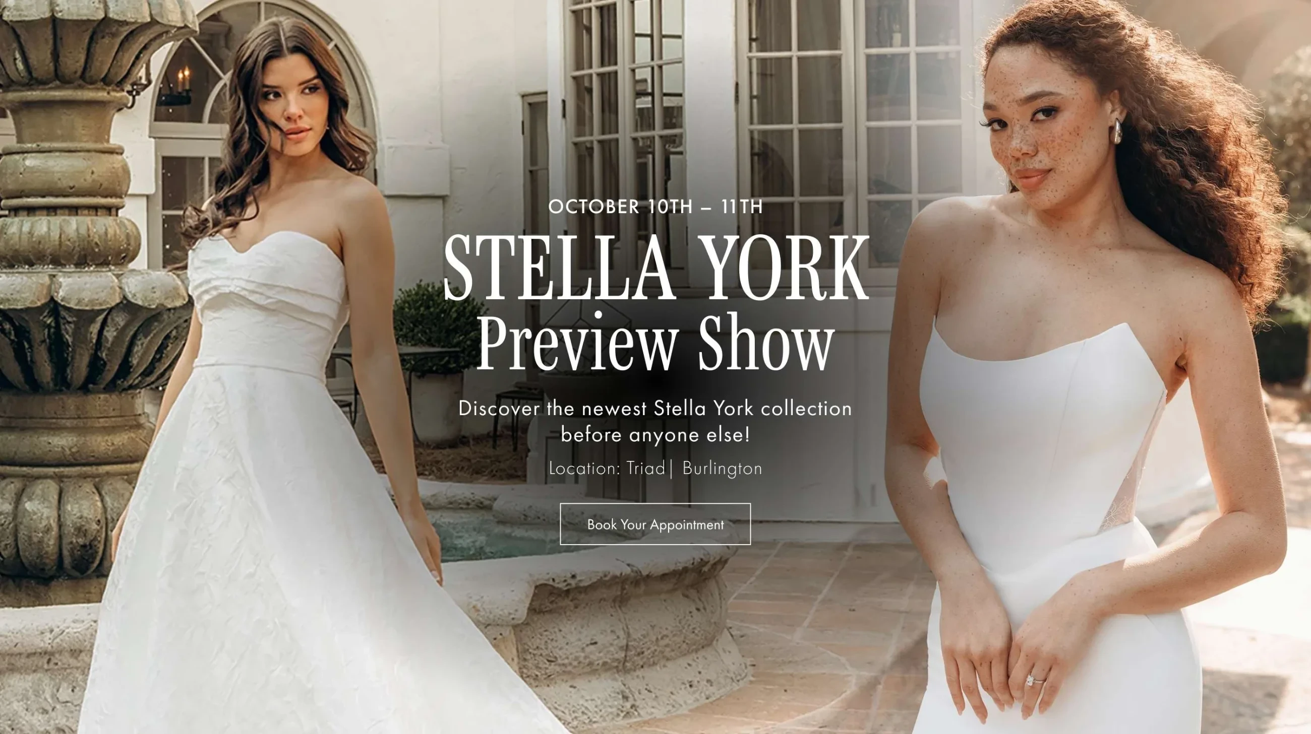 Models wearing Stella York bridal gowns, Stella York Preview Show desktop banner