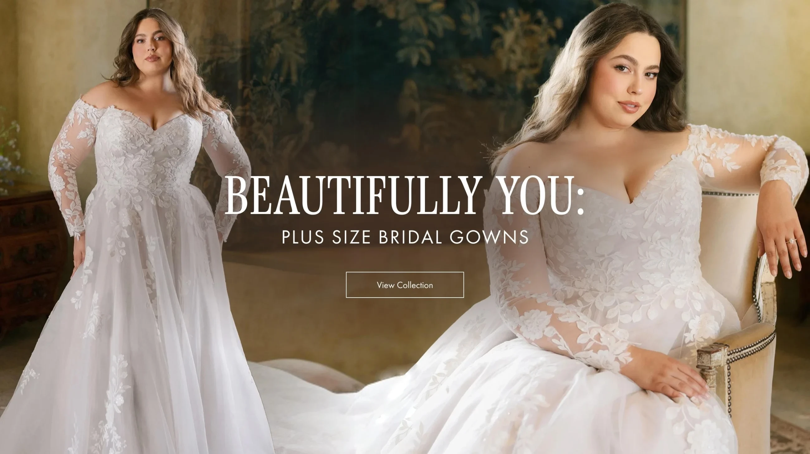 Models wearing plus size bridal dresses, desktop banner
