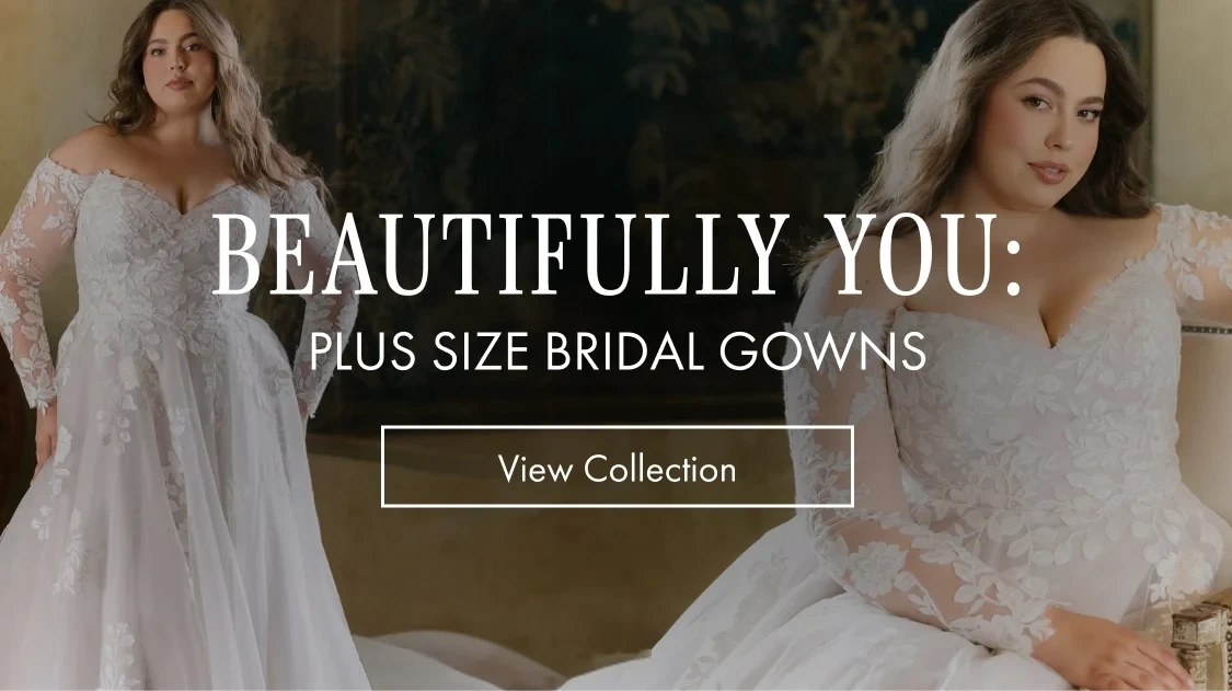 Models wearing plus size bridal dresses, mobile banner