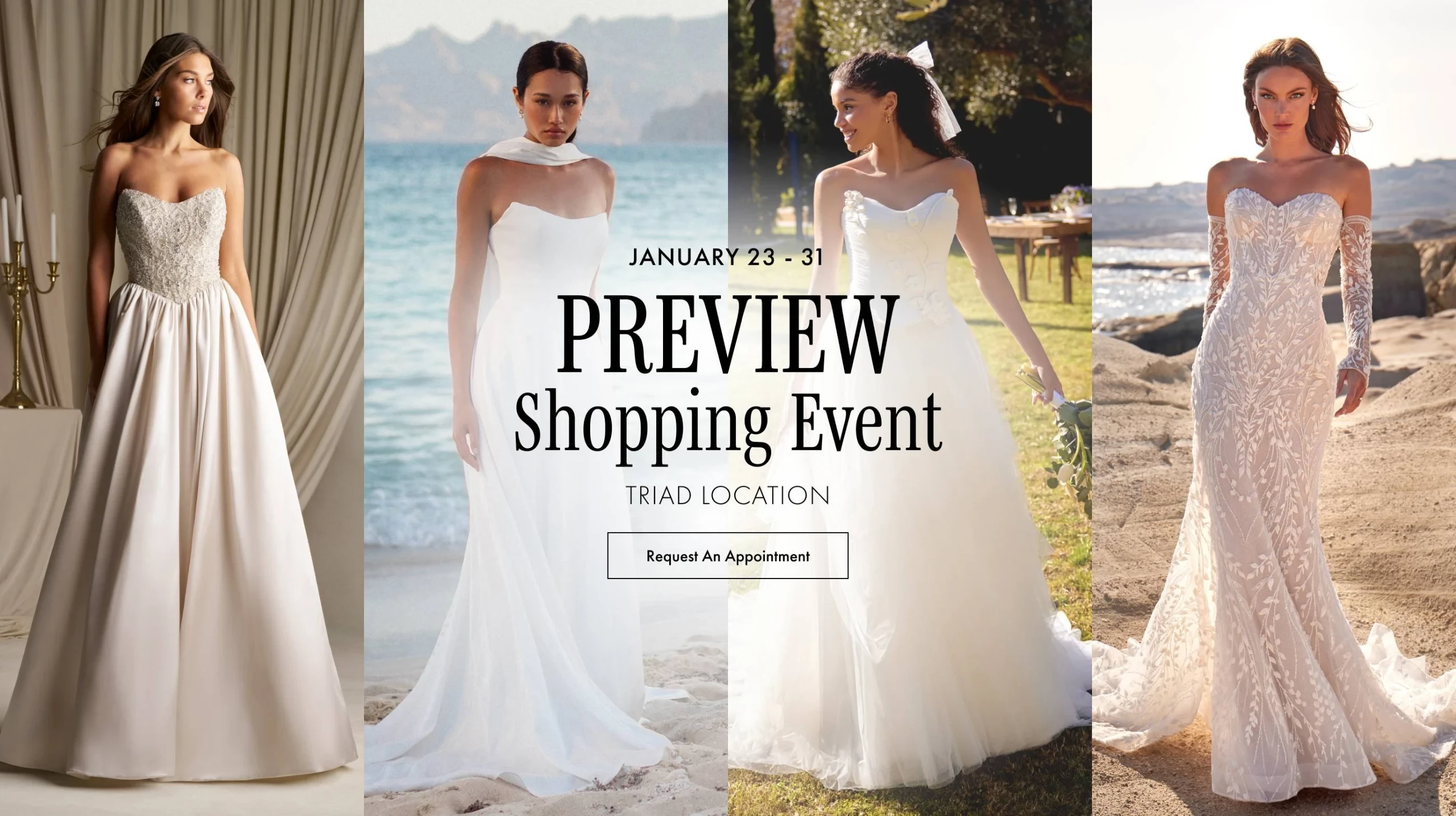 Models wearing Bridal gowns, Preview Shopping Event Triad desktop banner