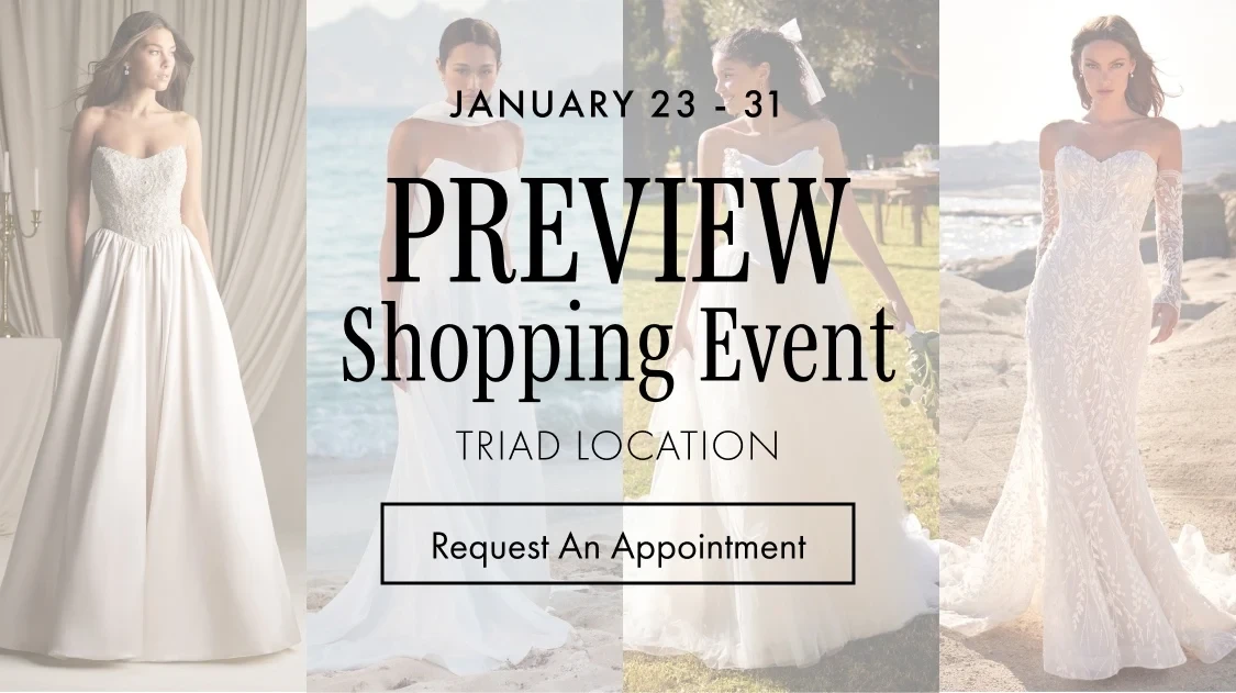 Models wearing Bridal gowns, Preview Shopping Event Triad mobile banner