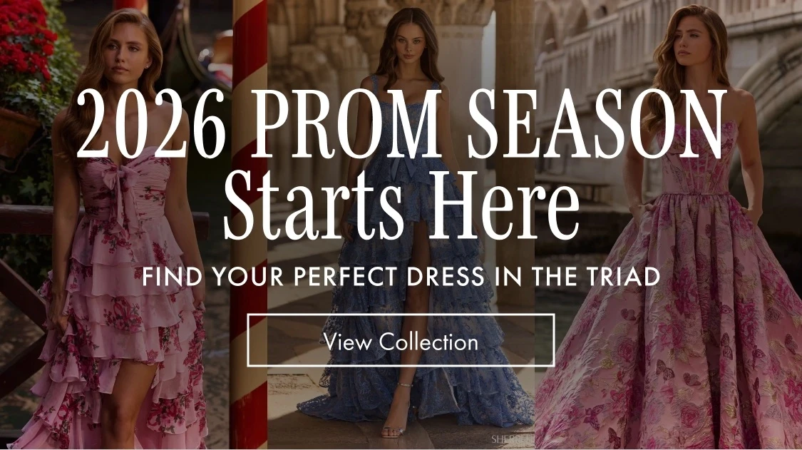 Models wearing Sherri Hill Spring 2026 prom dresses, mobile banner