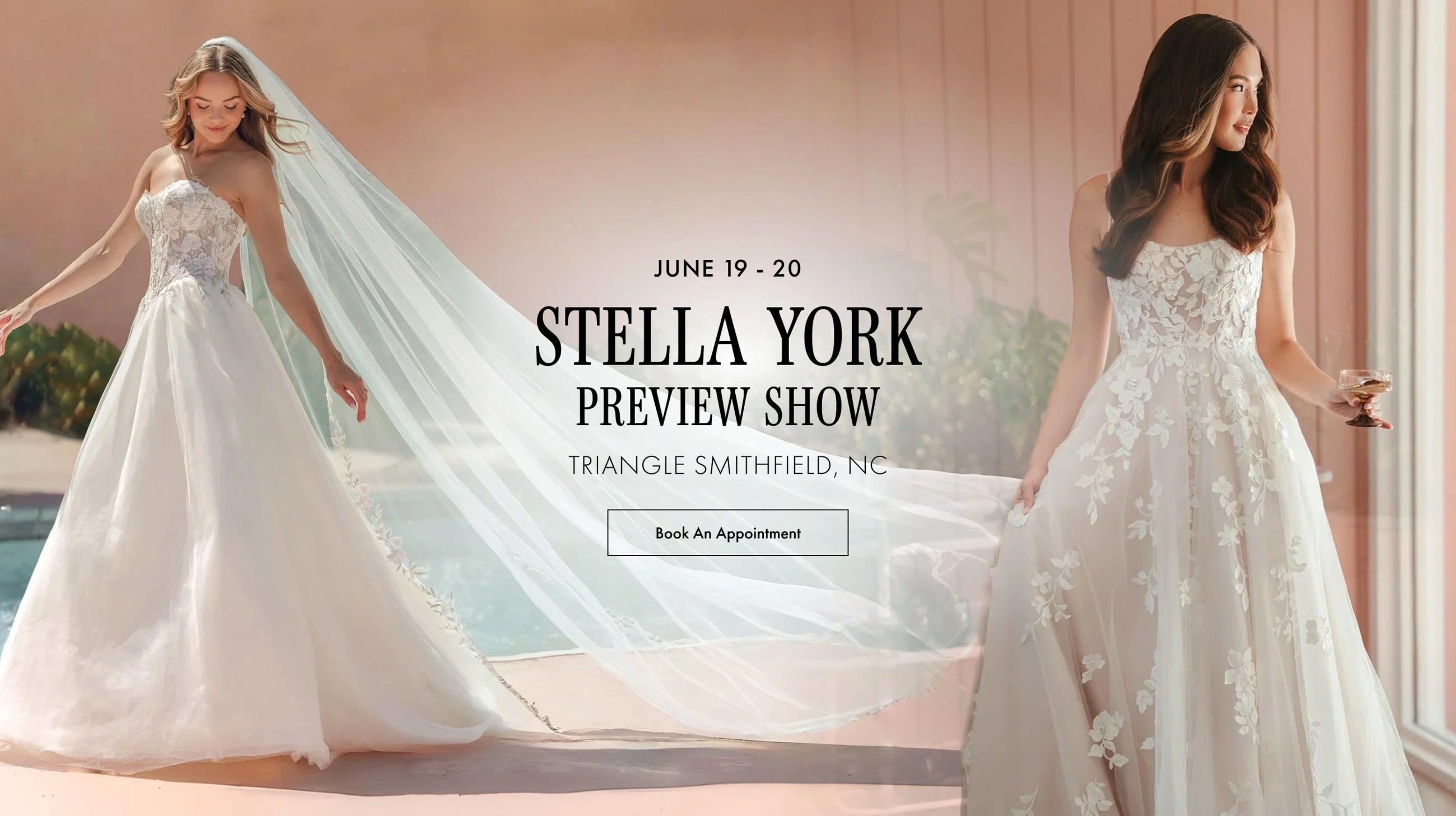 Models wearing Stella York bridal dress, preview show desktop banner