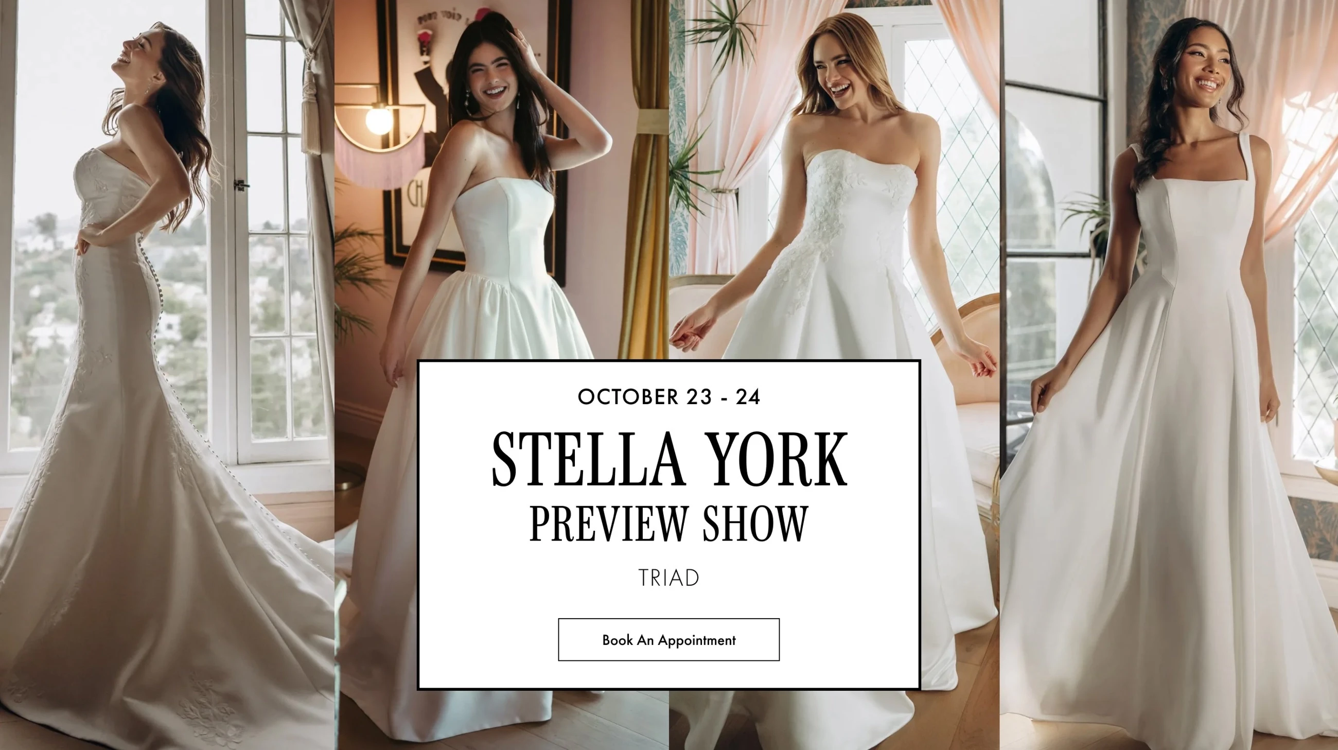 Models wearing Stella York wedding dresses, Stella York Preview Show desktop banner